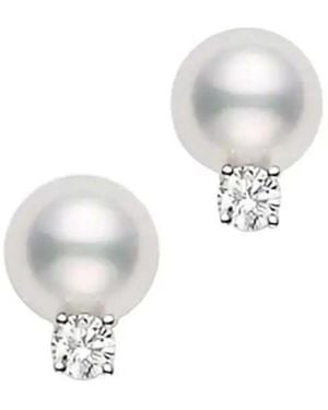 Mikimoto Akoya Cultured Pearl Stud Earrings; 7.5 X 8mm; With 0.10ct Diamonds; Set - White
