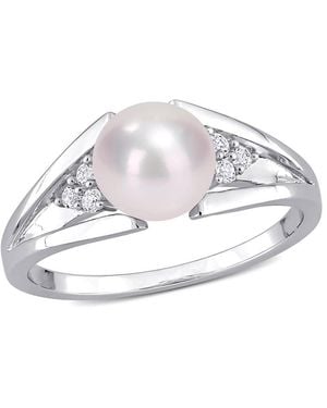 Amour 5Mm Freshwater Cultured Pearl And Diamond Accent Split-Shank Ring - Metallic