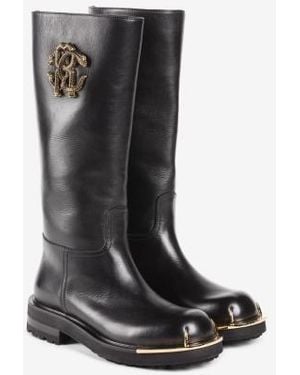 Roberto Cavalli Logo-Embellished Leather High Boots, Brand Size 36 Us - Black