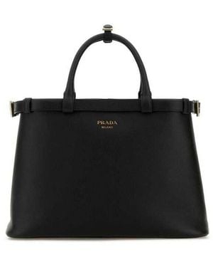 Prada Leather Medium Buckle Handbag - Black