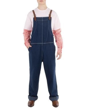 Burberry Dark Canvas Leather-Trim Denim Dungarees, Brand Size 46 (Us - Blue