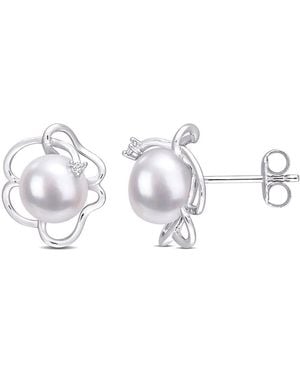 Amour 7.5-8Mm Freshwater Cultured Pearl And Created Sapphire Floral Stud Earrings - Metallic