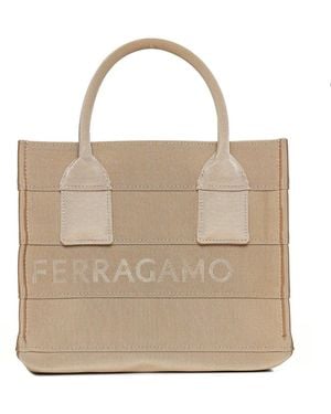Ferragamo Small Embroidered Logo Calf Leather Bag - Natural
