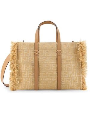Fendi Summer Tote Rafia Shoulder Bag With All-Over Ff Logo - Metallic