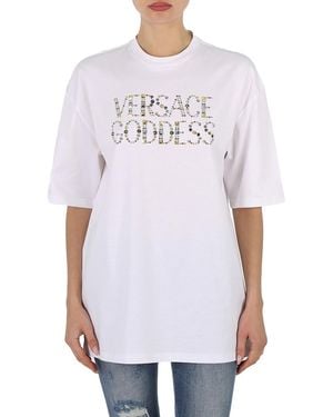 Versace Ladies Optical Studded Goddess Cotton T-Shirt, Brand Size 42 (Us - White