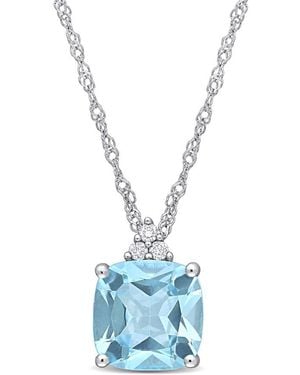 Amour Cushion Cut Sky- Topaz Pendant And Chain With Diamonds - Blue