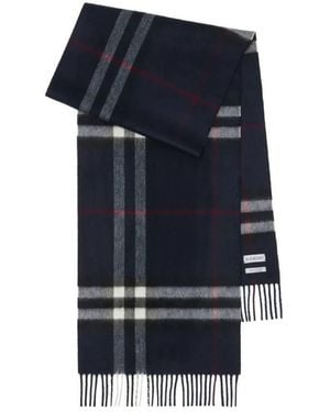 Burberry Check Fringed Cashmere Scarf - Blue
