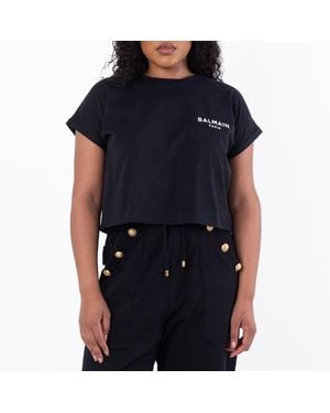 Balmain Flock Logo Print Cropped T Shirt - Blue