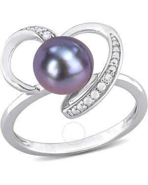 Amour 8-8.5Mm Freshwater Cultured Pearl And Diamond Accent Heart Ring - Metallic