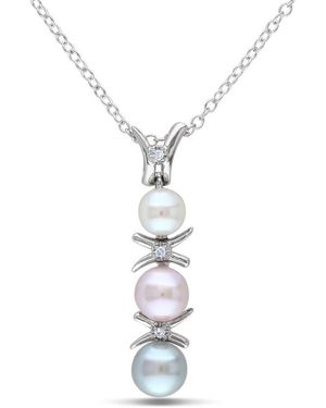 Amour And Cultured Freshwater Pearl And Diamond Drop Pendant With Chain - Metallic