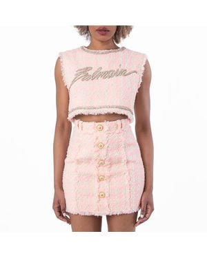 Balmain Embellished Logo Tweed Crop Top, Brand Size 36 Us - Pink