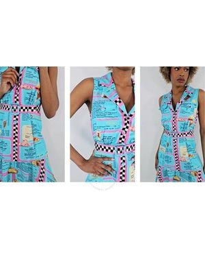 Moschino Ladies All-Over Diner Menu Print Silk Dress, Brand Size 36 (Us - Blue