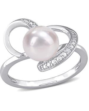 Amour 8-8.5Mm Freshwater Cultured Pearl And Diamond Accent Heart Ring - Metallic