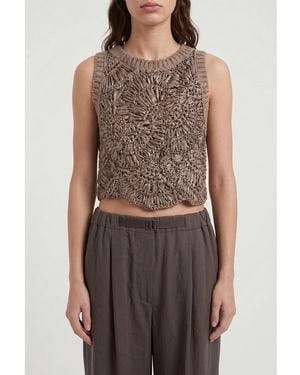 Brunello Cucinelli Taupe Crochet Knit Sweater, Size Small - Brown