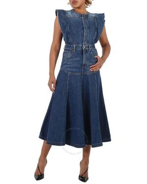 Chloé Dusky Ruffled Pleated Denim Dress - Blue