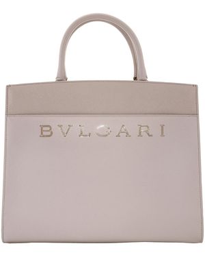 BVLGARI Leather Logo Embossed Tote Bag - Natural