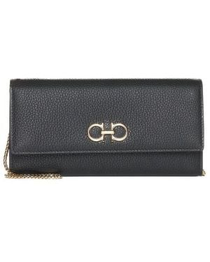 Ferragamo Gancino Soft Leather Wallet On Chain - Black