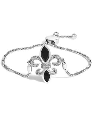 Haus of Brilliance Sterling Marquise Onyx And Diamond Accent Lariat Fleur De Lis Adjustable Bolo Bracelet - Metallic