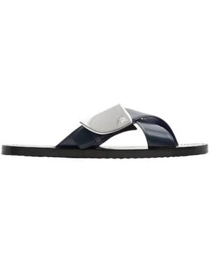 Burberry Leather Strip Shield Slides, Brand Size 43 Us - Blue