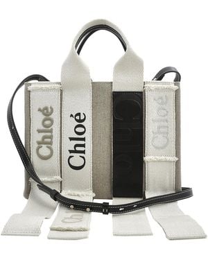 Chloé Linen Woody Small Logo Tote - Metallic