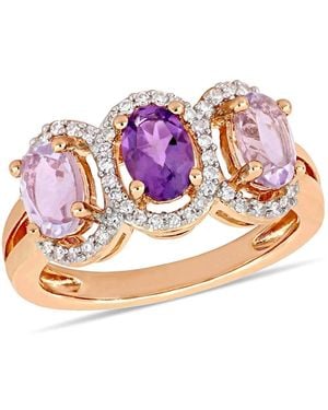 Amour 1 /8 Ct Tgw Oval-Cut African-Amethyst & Rose De France And 1/ Ct Tw Diamond 3-Stone Halo Ring - Pink