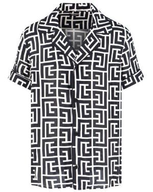 Balmain Short Sleeve Monogram Print Shirt, Brand Size 38 (Neck - Black