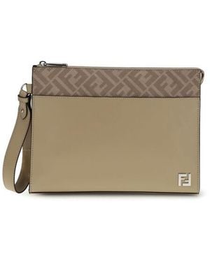Fendi Leather And Ff Canvas Clutch - Natural