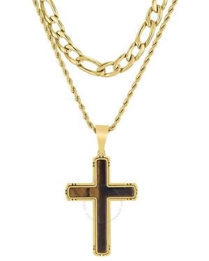 Robert Alton Stainless Steel Finish Double Chain With Tiger Eye Cross Pendant - Metallic