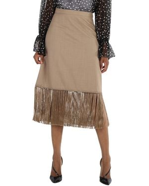Burberry Ladies Pecan Melange High-Waist Fring-Hem Wool And Cashmere Skirt, Brand Size 2 (Us - Natural