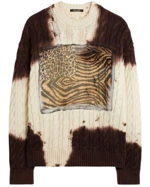 Roberto Cavalli Animalier Patchwork Cable-Knit Sweater - Brown