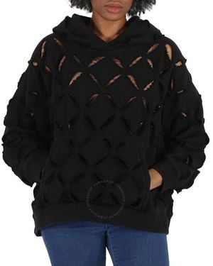 Versace Ladies Cut-Out Detail Distressed Hoodie - Black