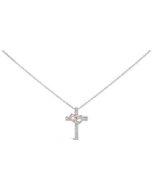 Haus of Brilliance 14K Rose Plated Sterling 1/10 Cttw Diamond Cross & Heart Pendant Necklace - Metallic