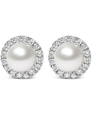 Haus of Brilliance 10K 4.5Mm Cultured Freshwater Pearl And 1/7 Cttw Diamond Halo Stud Earring - Metallic