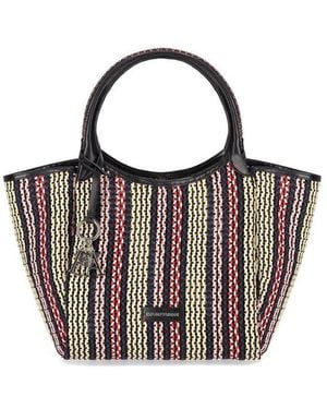 Emporio Armani Logo Charm Basket-Weave Tote Bag - Purple