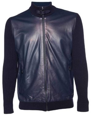 Ferragamo Leather & Wool Knit Zip Front Jacket - Blue