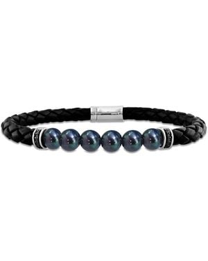 Amour 7.5-8Mm Cultured Freshwater Pearl Braided Leather Bracelet With Diamond Accents - Black