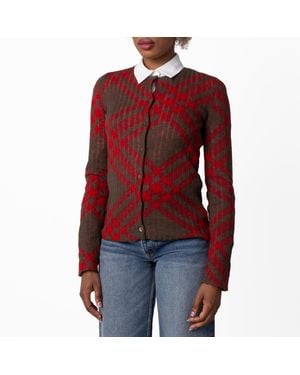 Burberry All-Over Check Pattern Mohair-Blend Cardigan - Red