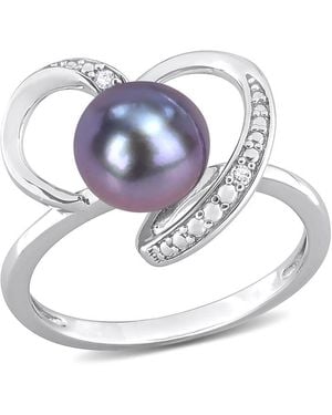 Amour 8-8.5Mm Freshwater Cultured Pearl And Diamond Accent Heart Ring - Metallic