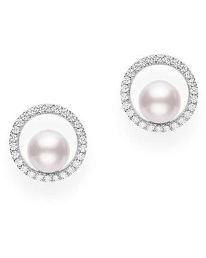 Mikimoto 18K Diamond Pave Studs With Akoya Pearls - Metallic