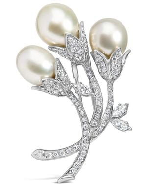 Haus of Brilliance 18K 2 1/5 Cttw Diamond And South Sea Pearl Floral Brooch Pin - Metallic