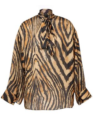 Roberto Cavalli Bow Animal Print Silk Blouse, Brand Size 42 Us - Brown