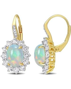 Amour 1 3/4 Ct Tgw Oval Shape Ethiopian Opal And Topaz And Diamond Accent Halo Leverback Earrings - Blue