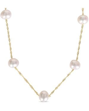 Amour Cultured Freshwater Pearl Tin Cup Necklace With 10K Rope Chain And Clasp - Metallic