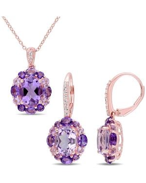 Amour 2-Pc Set Of 9 1/5 Ct Tgw Amethyst, Topaz, Rose De France Floral Pendant With Chain And Earrings Set - Purple