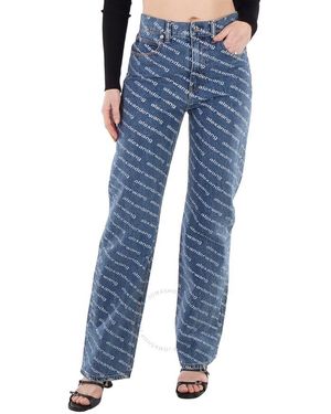 T By Alexander Wang Logo-Print Sequined Mid-Rise Straight Leg Cotton Trousers, - Blue