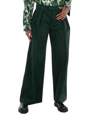 Burberry Wide Leg Pleated-Detail Cotton Pants, Brand Size 2 (Us - Green