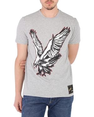 Roberto Cavalli Melange Crewneck Eagle Print Slim Fit T-Shirt - Grey