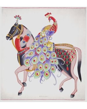 BVLGARI Heritage Peacock Printed Silk Scarf - Red