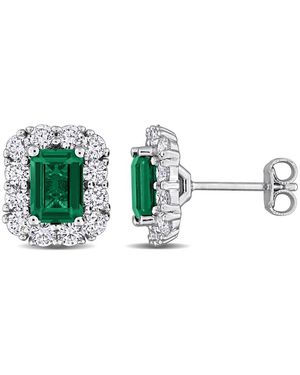 Created Forever 1 4/5Ct Tgw Created Emerald And 1 1/3Ct Tw Lab-Grown Diamond Halo Stud Earrings - Green