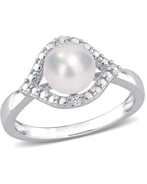 Amour 7-7.5Mm Freshwater Cultured Pearl And Created Sapphire Halo Ring - Metallic